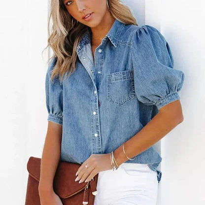 Heidi-Mode | Denim Damen Bluse mit Kurzen Ärmeln - Image 2