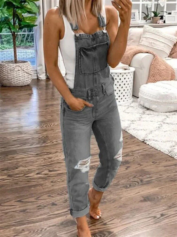 Heidi-Mode | Doppel Schulter Träger Zerrissener Denim Overall Damen Lässig - Image 3