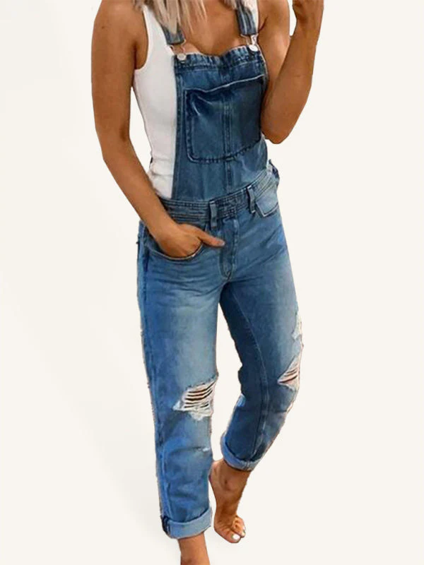 Heidi-Mode | Doppel Schulter Träger Zerrissener Denim Overall Damen Lässig - Image 4