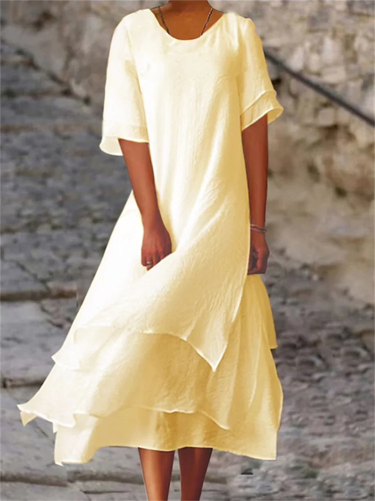 Heidi-Mode | Doppellagiges Geschlitztes Kurzärmeliges Kleid mit Rundhalsausschnitt - Image 2