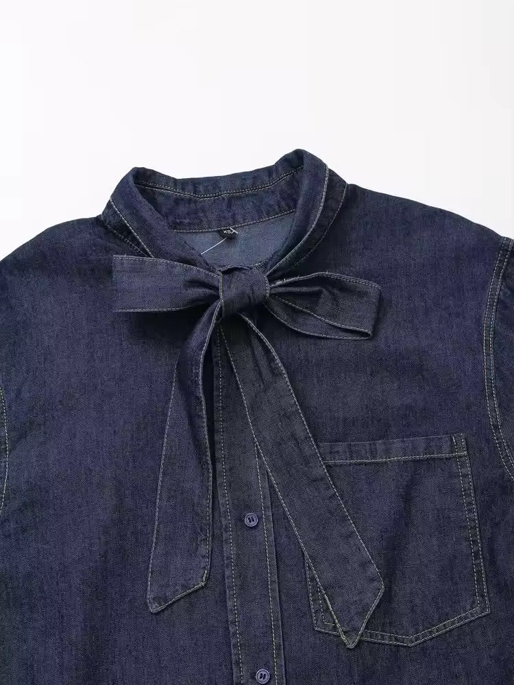 Heidi-Mode | Dunkle Denim Bluse mit Schleifenkragen - Image 3