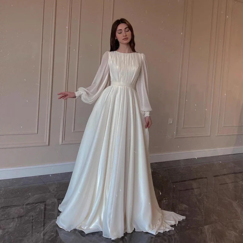 Heidi-Mode | Durchsichtiges Weißes Hochzeitskleid Rundhalsausschnitt Lange Ärmel Kleid - Image 3