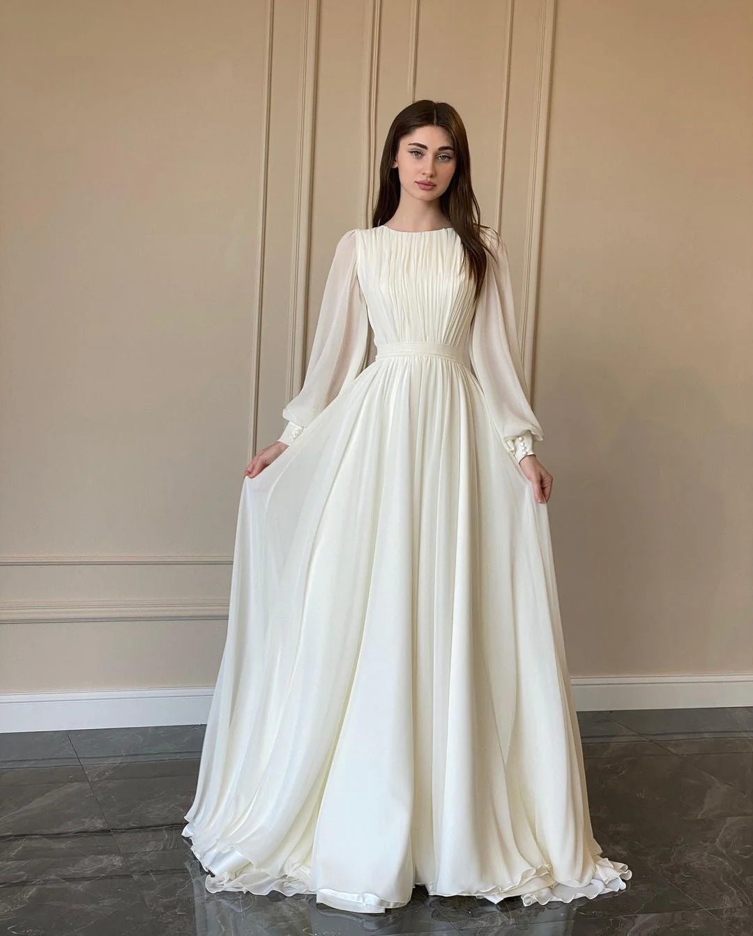 Heidi-Mode | Durchsichtiges Weißes Hochzeitskleid Rundhalsausschnitt Lange Ärmel Kleid - Image 5