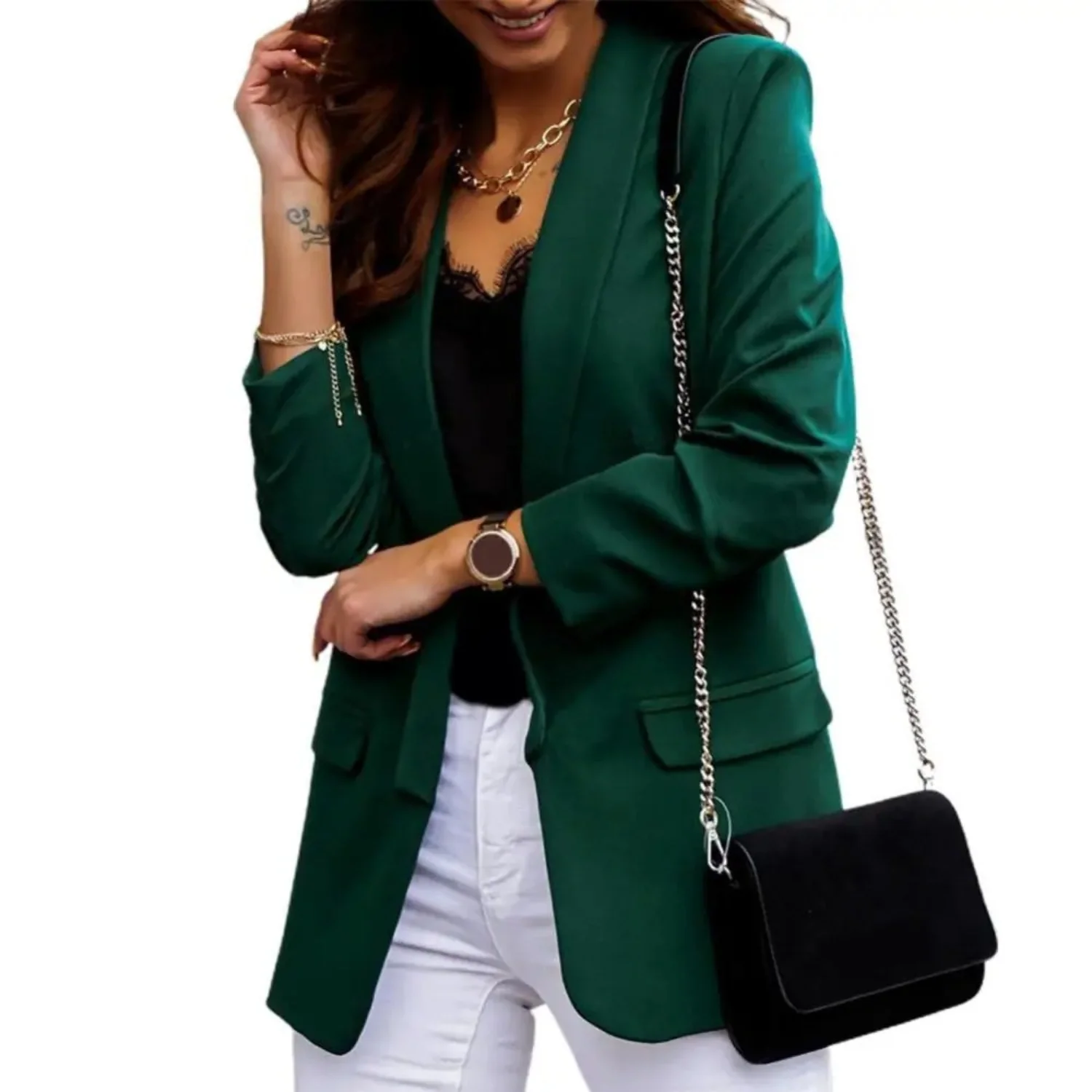 Heidi-Mode | Einfarbige Jacke, Moderner Damen Blazer mit Revers und Langen Ärmeln - Image 3