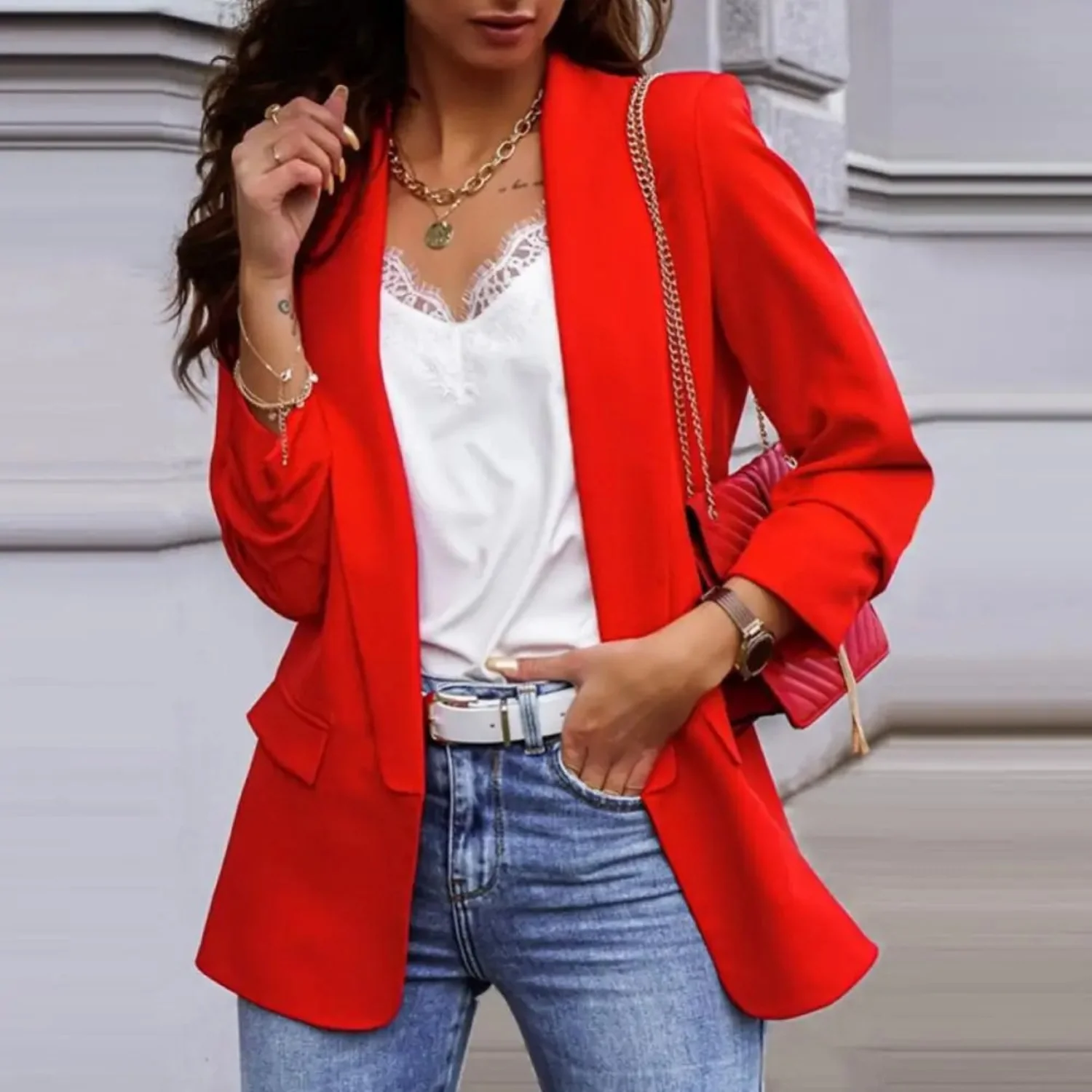 Heidi-Mode | Einfarbige Jacke, Moderner Damen Blazer mit Revers und Langen Ärmeln - Image 6