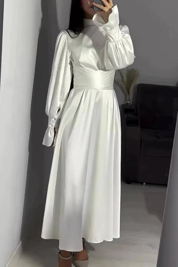 Heidi-Mode | Einfarbiger Rüschensleeve Taillierter Krawatten Slim Fit Maxikleid - Image 12