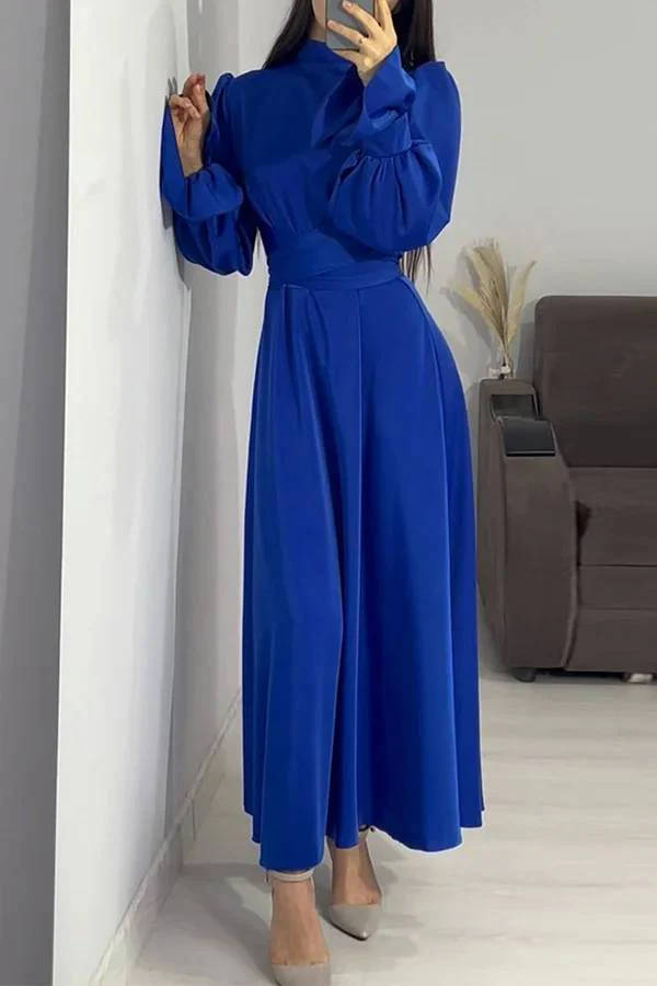 Heidi-Mode | Einfarbiger Rüschensleeve Taillierter Krawatten Slim Fit Maxikleid - Image 13