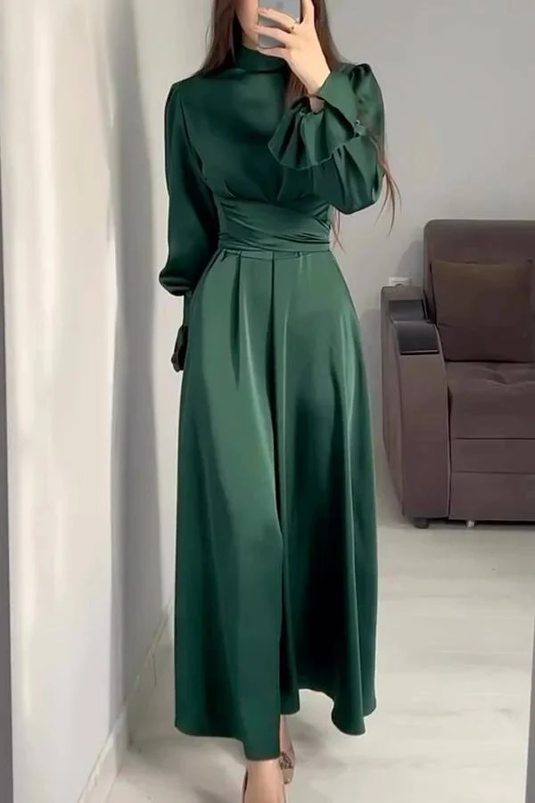 Heidi-Mode | Einfarbiger Rüschensleeve Taillierter Krawatten Slim Fit Maxikleid - Image 14
