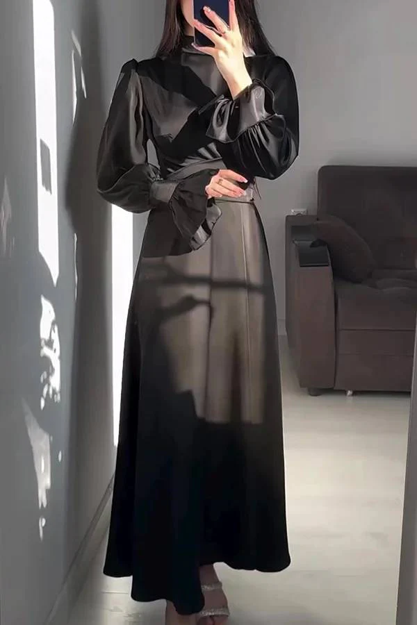 Heidi-Mode | Einfarbiger Rüschensleeve Taillierter Krawatten Slim Fit Maxikleid - Image 15