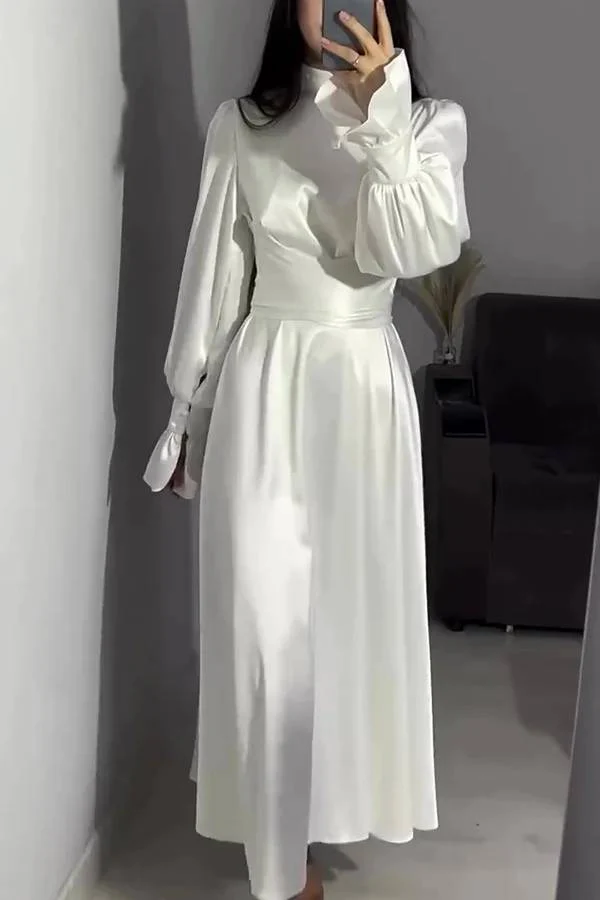 Heidi-Mode | Einfarbiger Rüschensleeve Taillierter Krawatten Slim Fit Maxikleid - Image 4