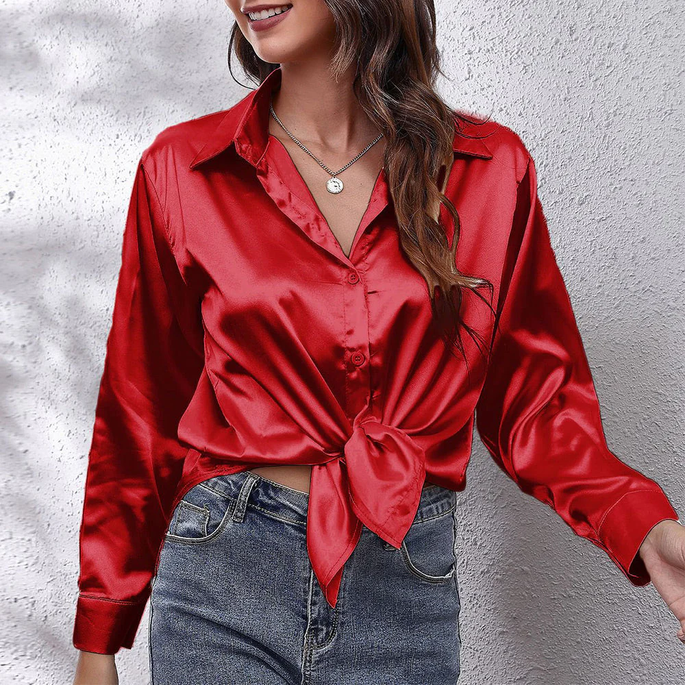 Heidi-Mode | Einfarbiges Langarmshirt Aus Satinimitatseide für Damen - Image 10