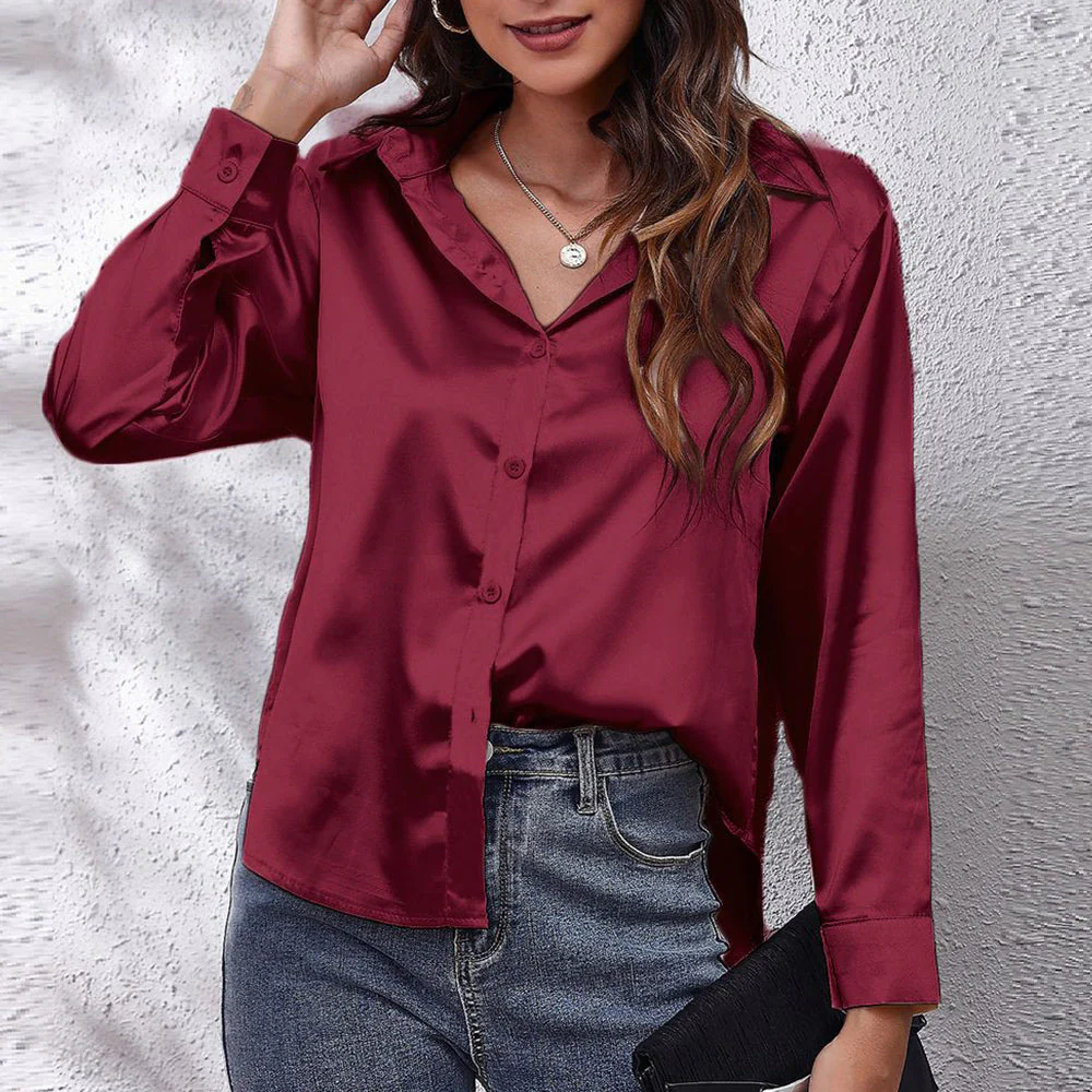 Heidi-Mode | Einfarbiges Langarmshirt Aus Satinimitatseide für Damen - Image 12