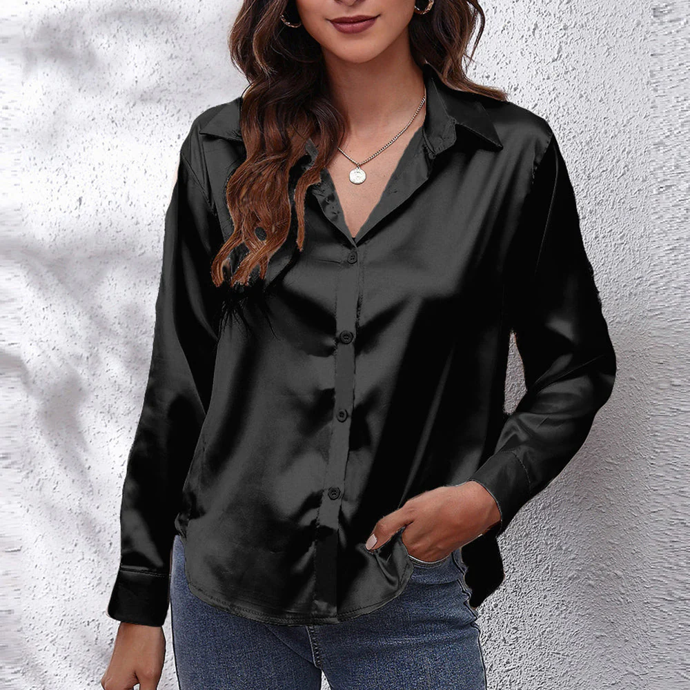 Heidi-Mode | Einfarbiges Langarmshirt Aus Satinimitatseide für Damen - Image 3