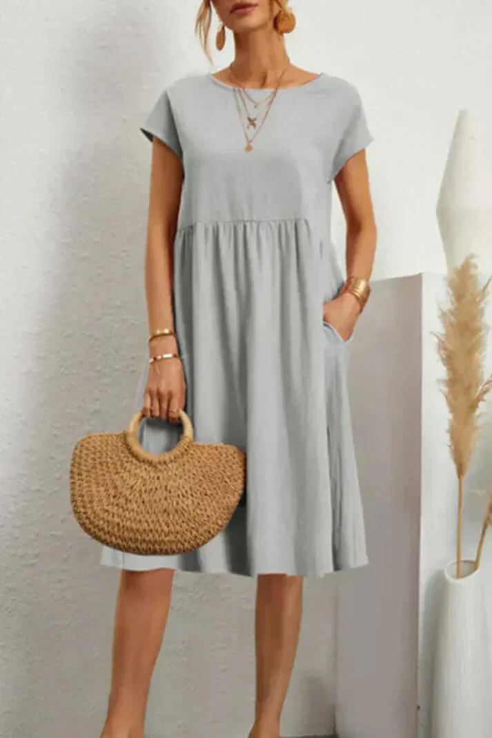 Heidi-Mode | Einfarbiges, Lässiges Kleid mit Kurzen Ärmeln und Rundem Halsausschnitt - Image 6