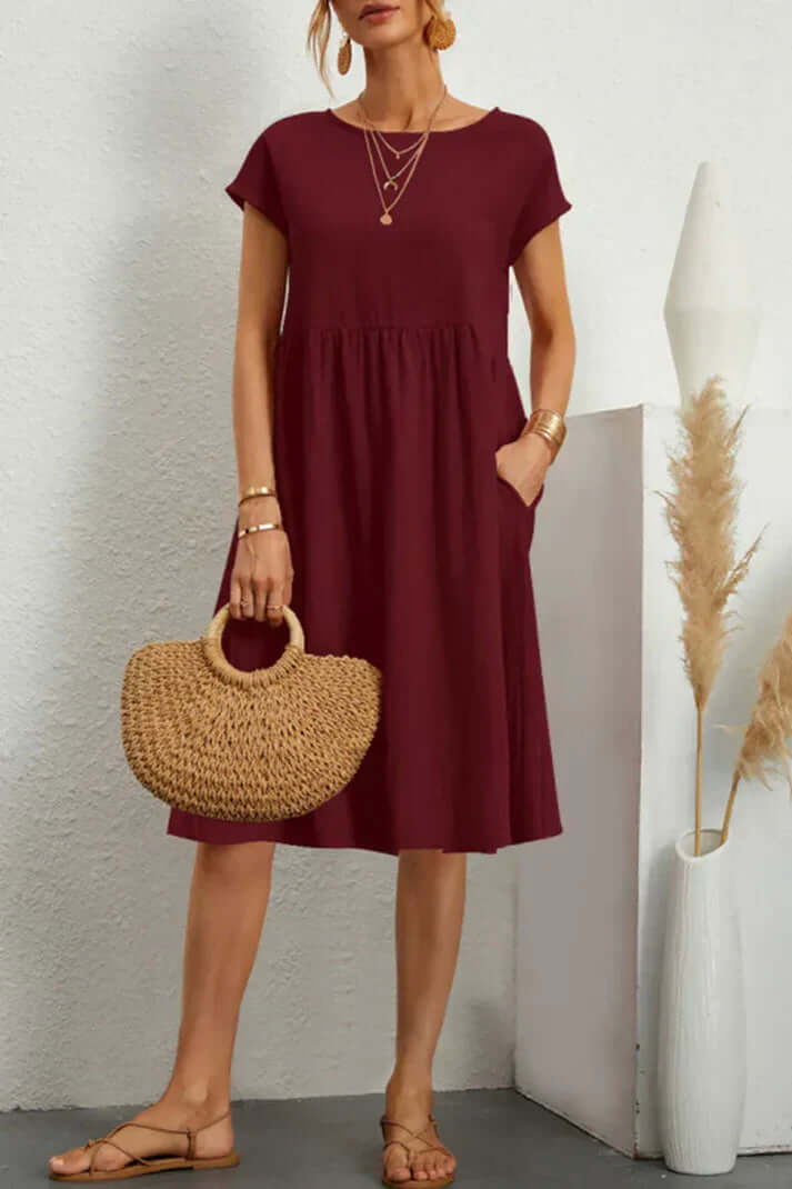 Heidi-Mode | Einfarbiges, Lässiges Kleid mit Kurzen Ärmeln und Rundem Halsausschnitt - Image 9