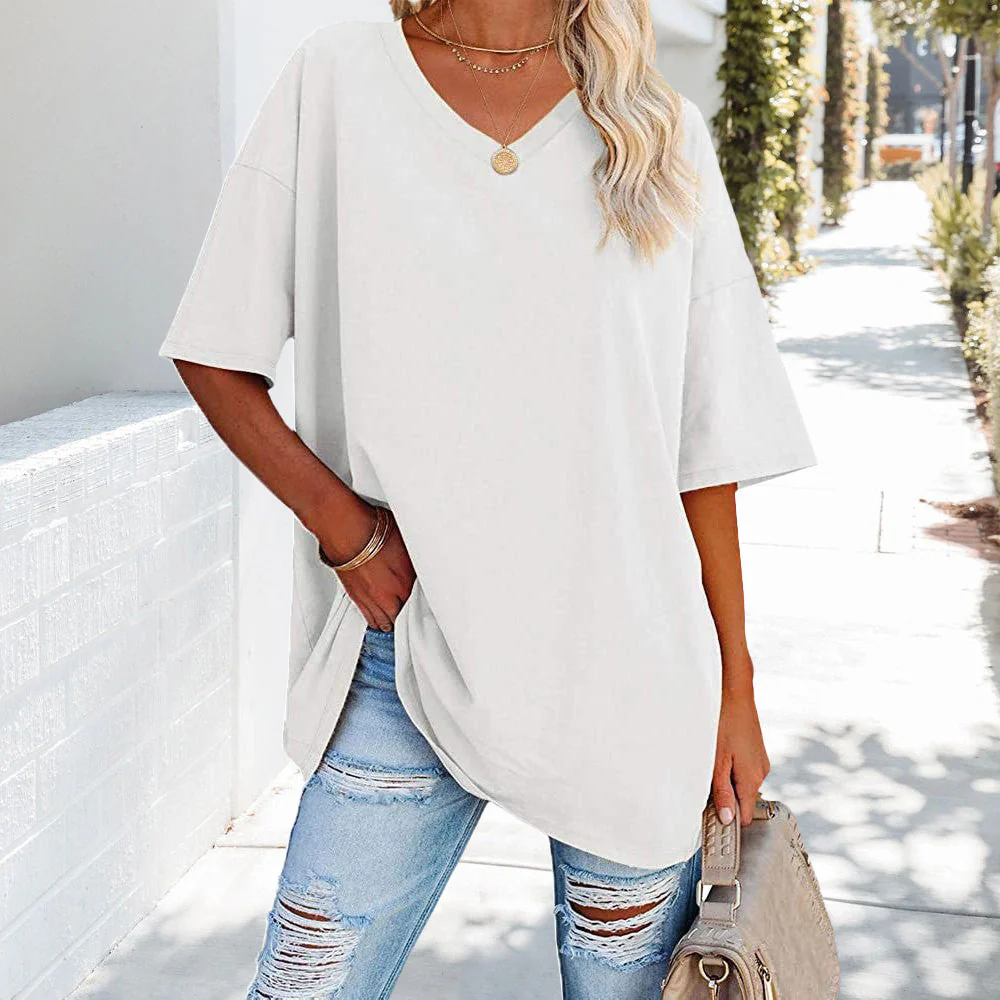 Heidi-Mode | Einfarbiges Neues Damen-T-Shirt Aus Baumwolle mit V-Ausschnitt - Image 12