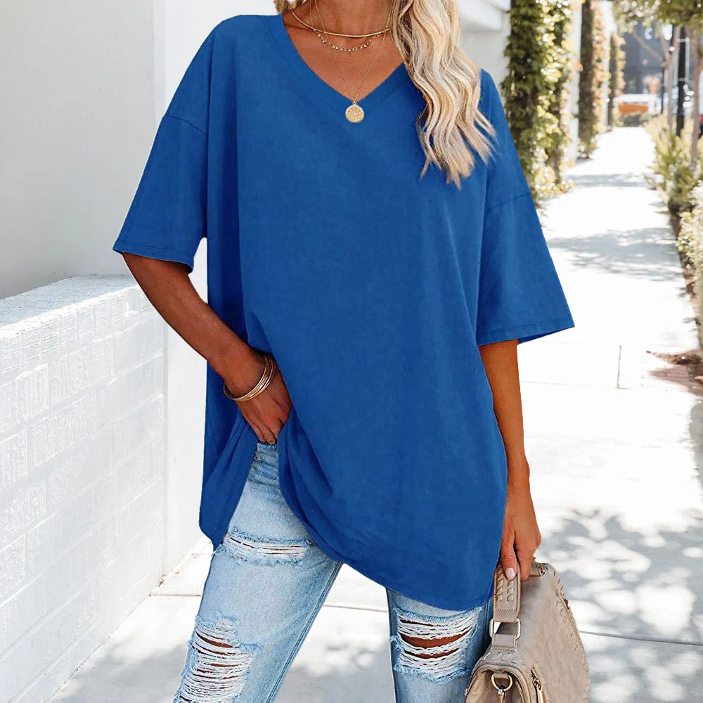 Heidi-Mode | Einfarbiges Neues Damen-T-Shirt Aus Baumwolle mit V-Ausschnitt - Image 13