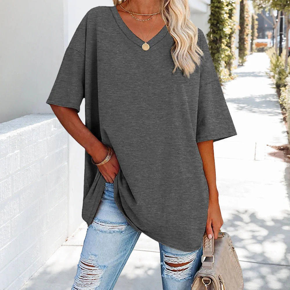 Heidi-Mode | Einfarbiges Neues Damen-T-Shirt Aus Baumwolle mit V-Ausschnitt - Image 2
