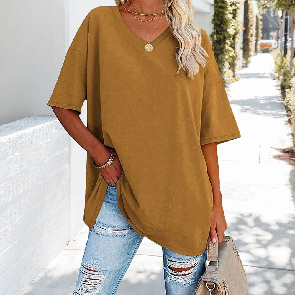 Heidi-Mode | Einfarbiges Neues Damen-T-Shirt Aus Baumwolle mit V-Ausschnitt - Image 3
