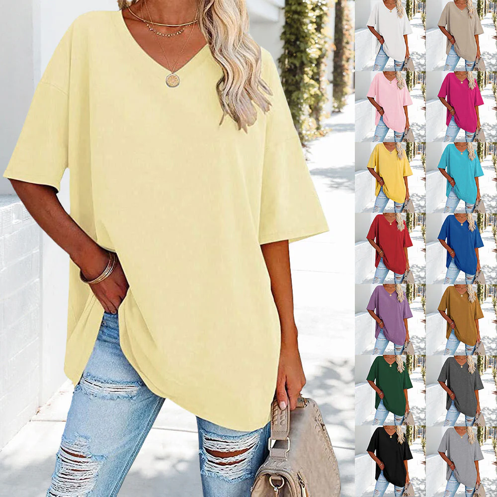 Heidi-Mode | Einfarbiges Neues Damen-T-Shirt Aus Baumwolle mit V-Ausschnitt - Image 4