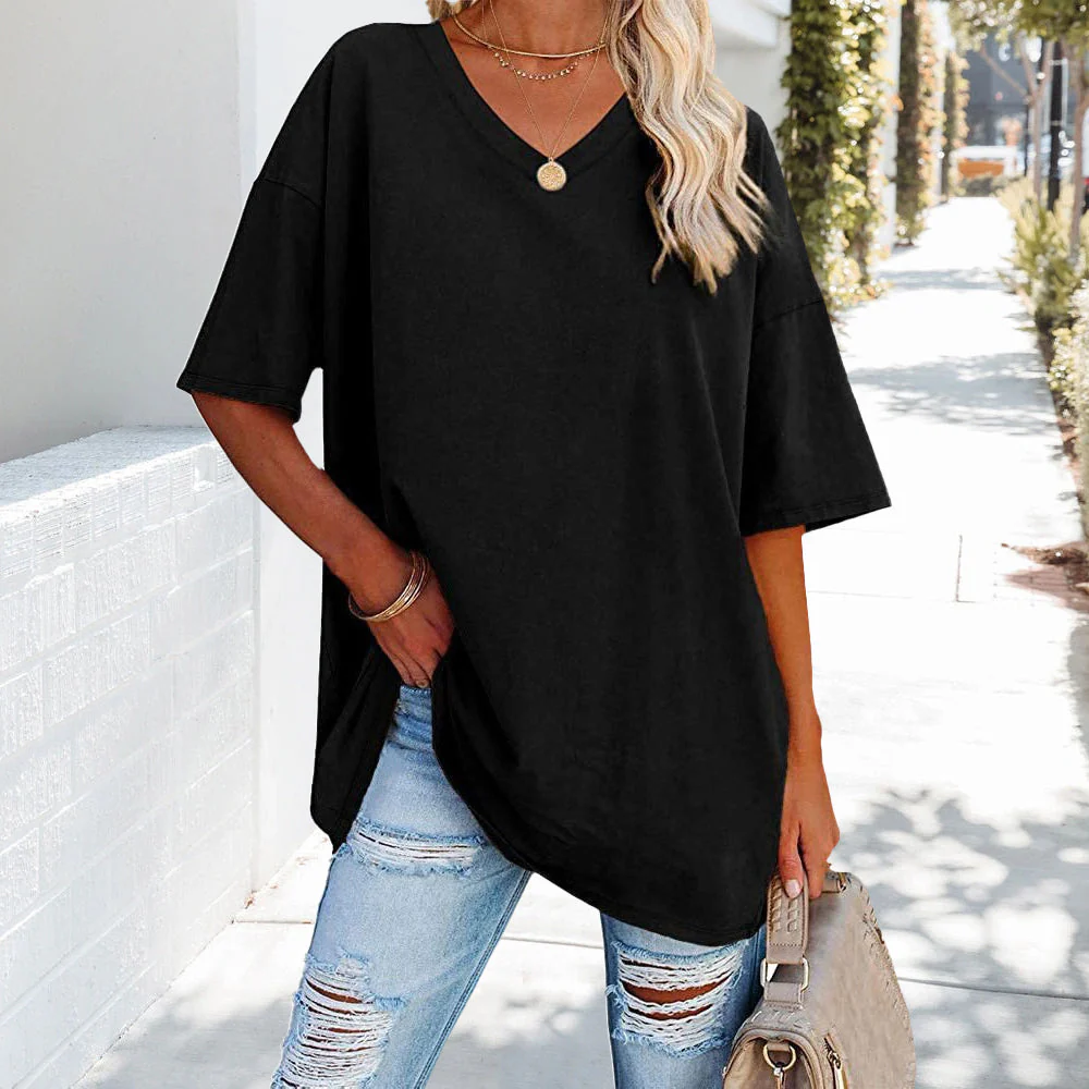 Heidi-Mode | Einfarbiges Neues Damen-T-Shirt Aus Baumwolle mit V-Ausschnitt - Image 5
