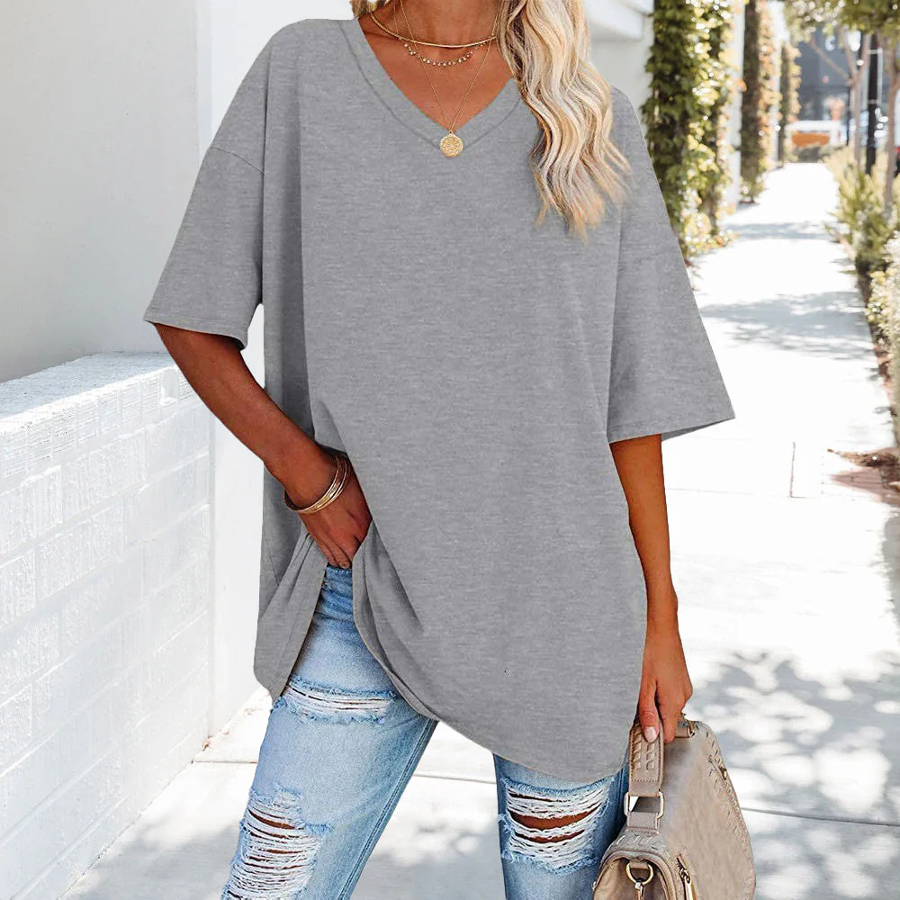 Heidi-Mode | Einfarbiges Neues Damen-T-Shirt Aus Baumwolle mit V-Ausschnitt - Image 7