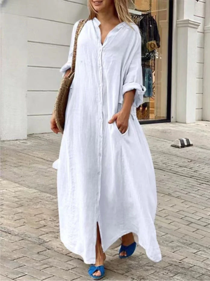 Heidi-Mode | Einreiher Baumwoll-Leinen Plus Size Langkleid - Image 5