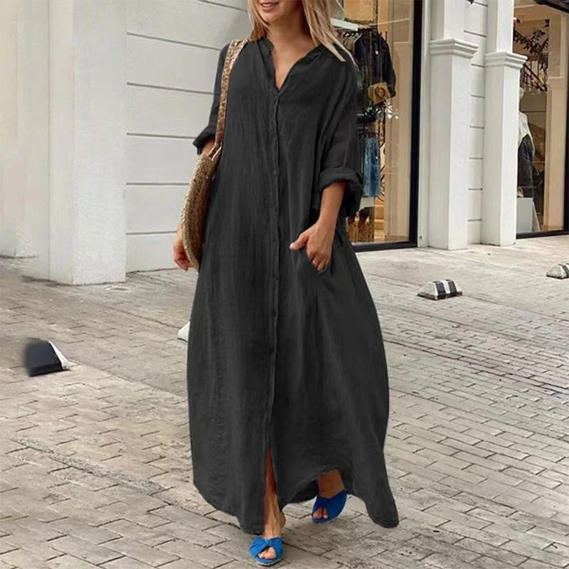 Heidi-Mode | Einreiher Baumwoll-Leinen Plus Size Langkleid - Image 6