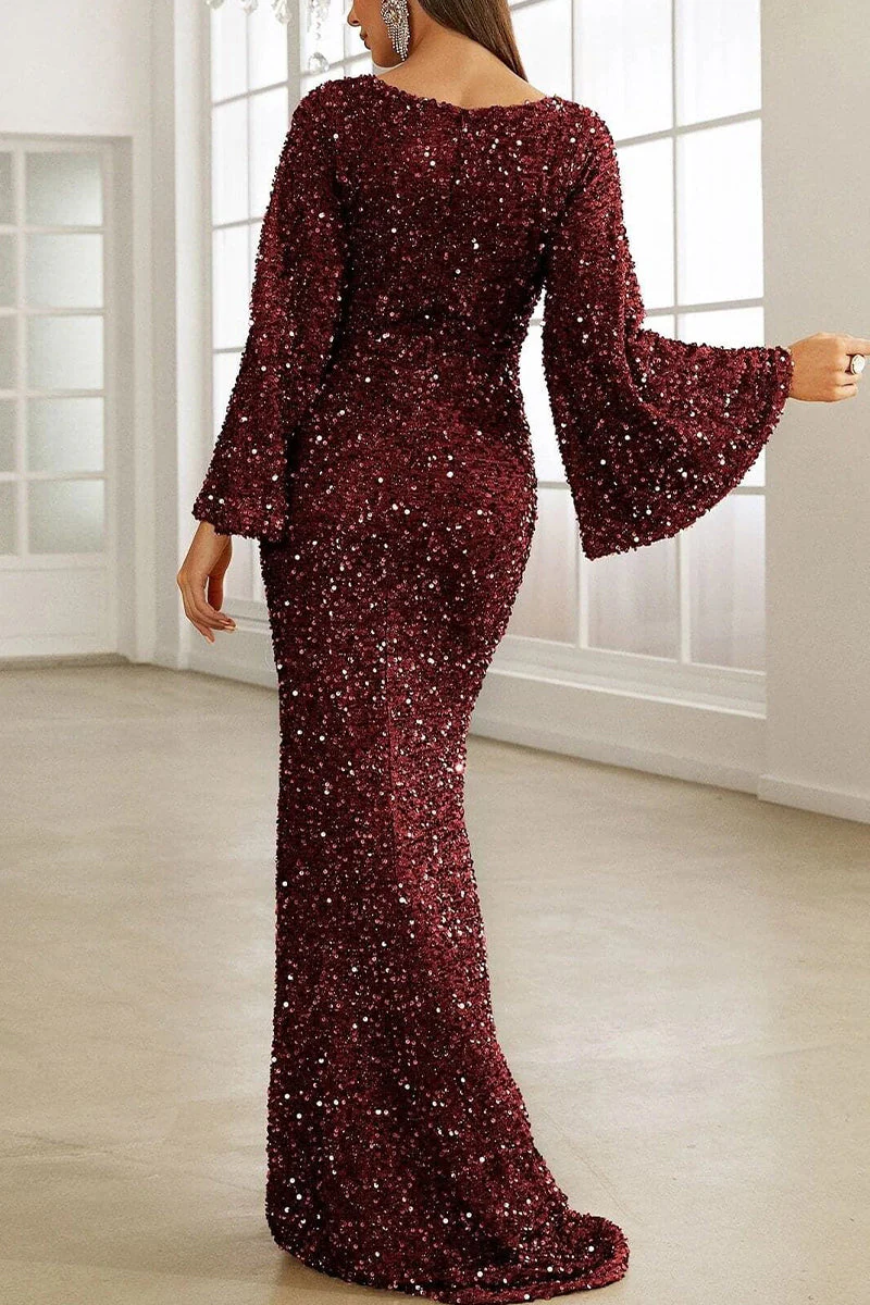 Heidi-Mode | Elegantes Formelles Einfarbiges Pailletten V-Ausschnitt Abendkleid Kleider - Image 6