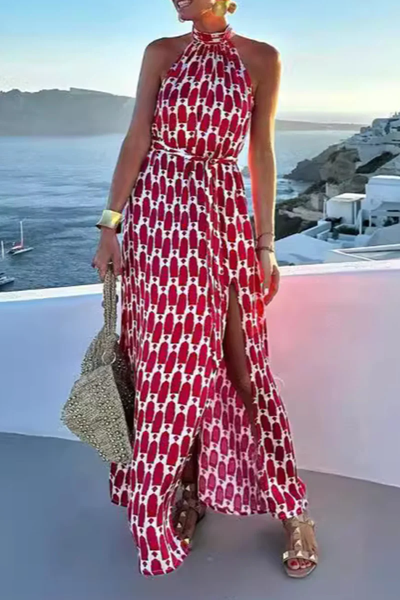 Heidi-Mode | Elegante Ärmellose Kleider mit Geometrischem Druck, Schlitz und Halsband - Image 2