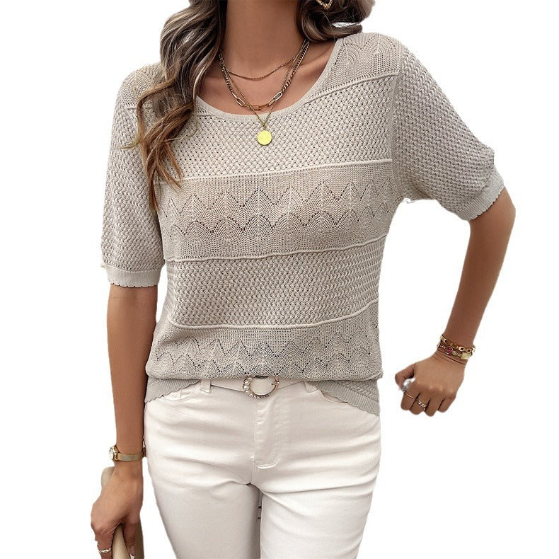Heidi-Mode | Eleganter Rundhals Hohler Kurzarm Pullover Top - Image 4