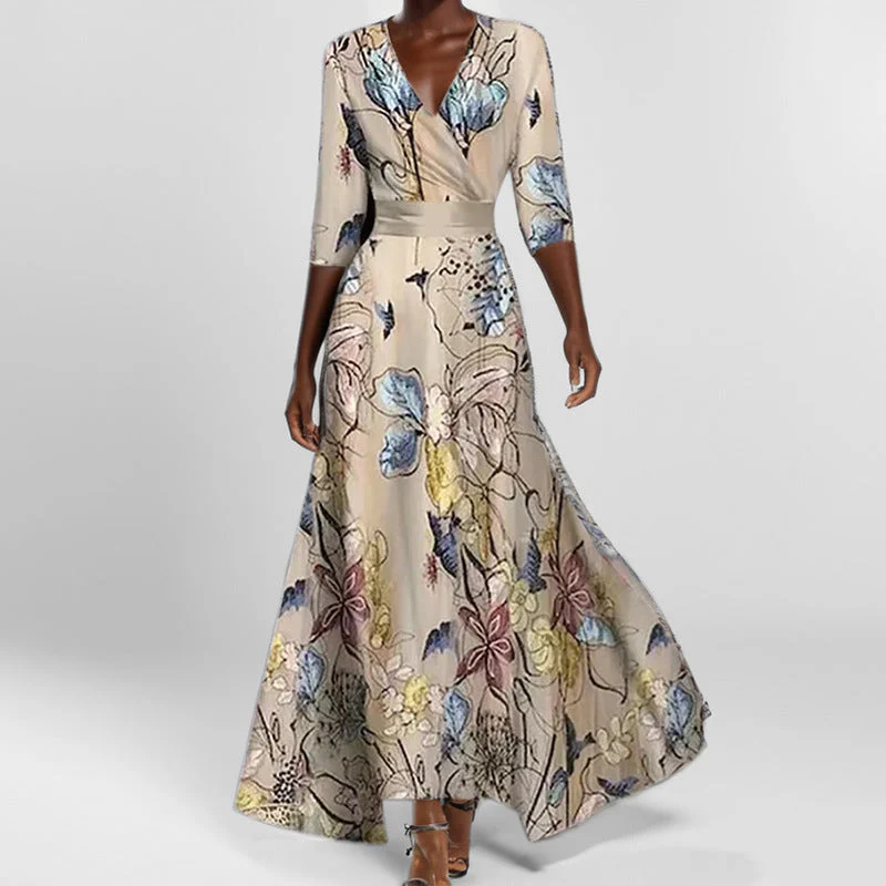 Heidi-Mode | Elegantes V-Ausschnitt Bedrucktes Taillenkleid mit Schößchen - Image 10