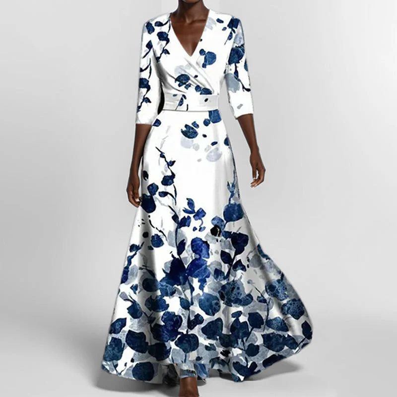 Heidi-Mode | Elegantes V-Ausschnitt Bedrucktes Taillenkleid mit Schößchen - Image 11