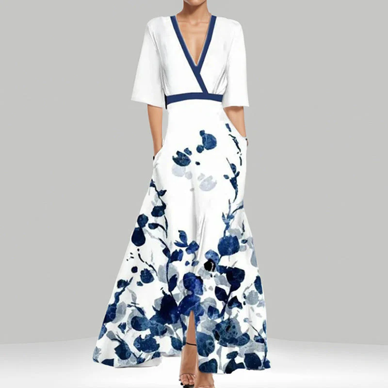 Heidi-Mode | Elegantes V-Ausschnitt Bedrucktes Taillenkleid mit Schößchen - Image 2