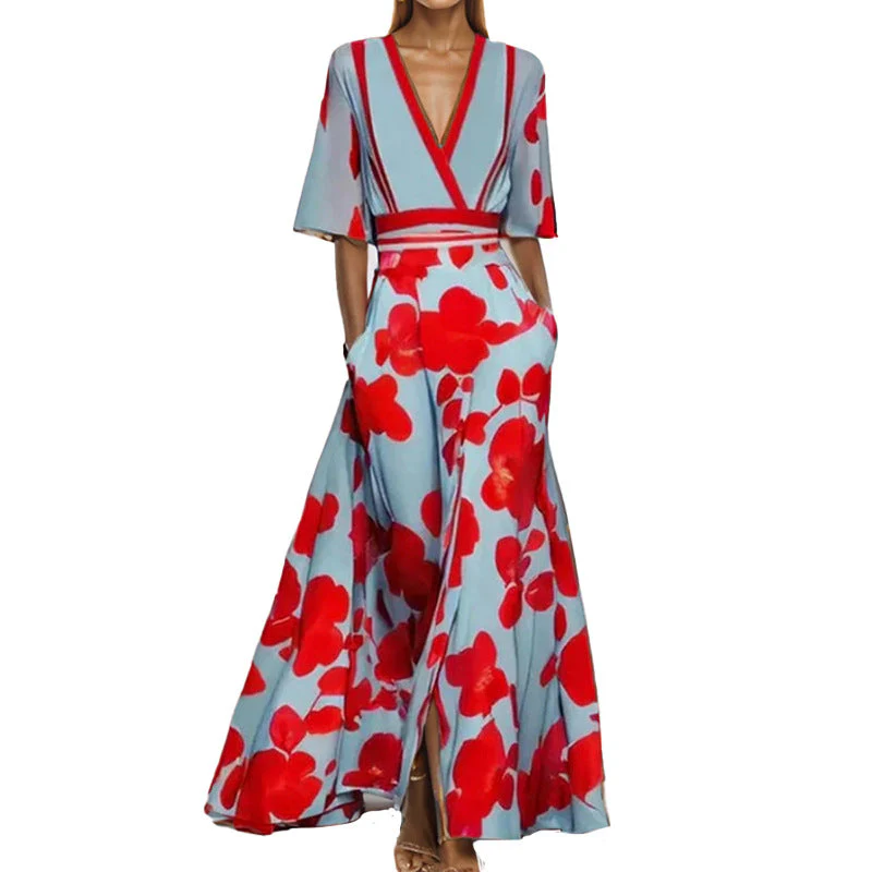 Heidi-Mode | Elegantes V-Ausschnitt Bedrucktes Taillenkleid mit Schößchen - Image 5