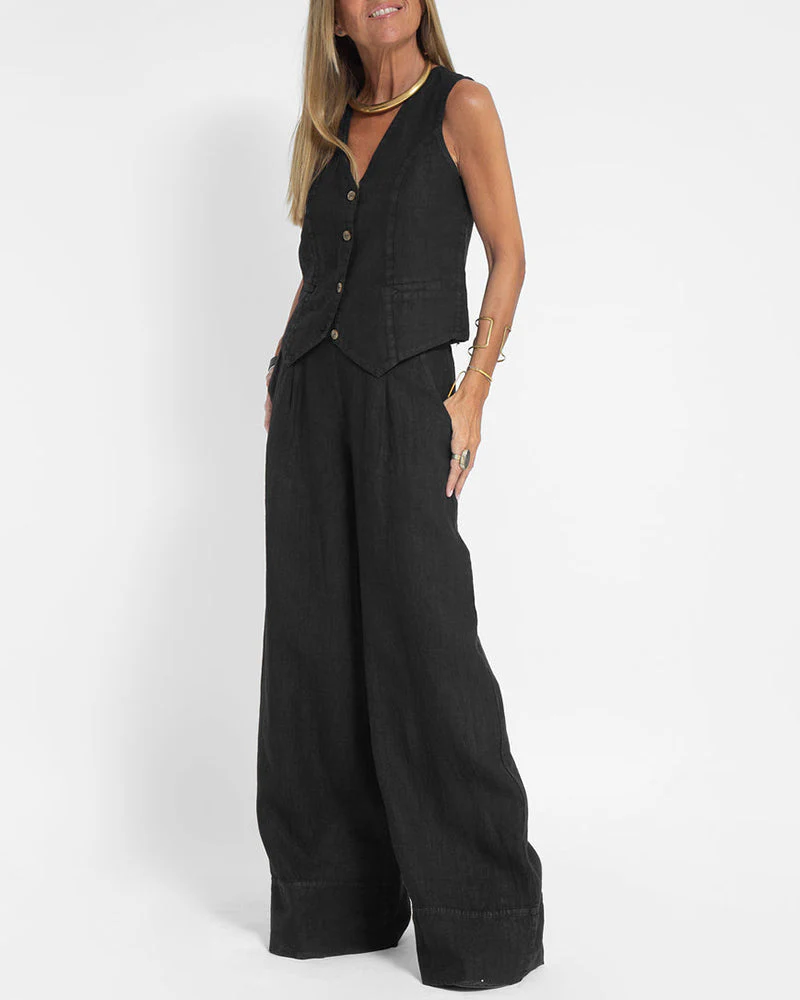 Heidi-Mode | Elegantes 2-Teiliges Set Leinen Weite Hose & Weste - Image 14
