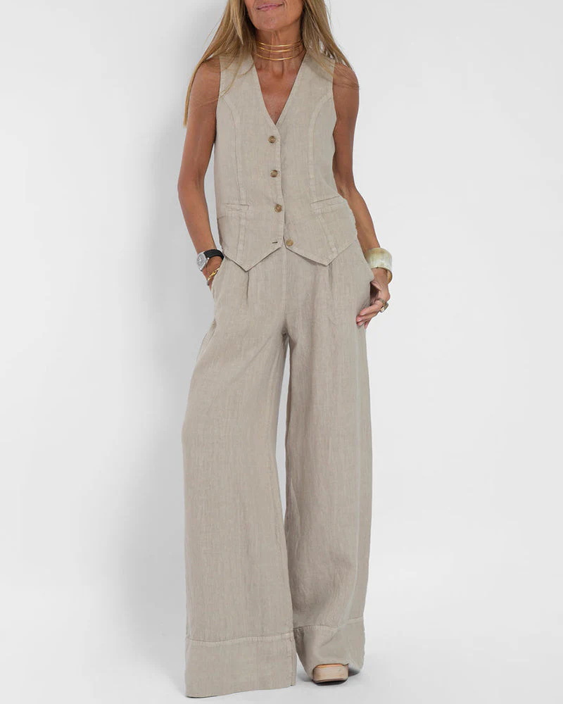 Heidi-Mode | Elegantes 2-Teiliges Set Leinen Weite Hose & Weste - Image 15