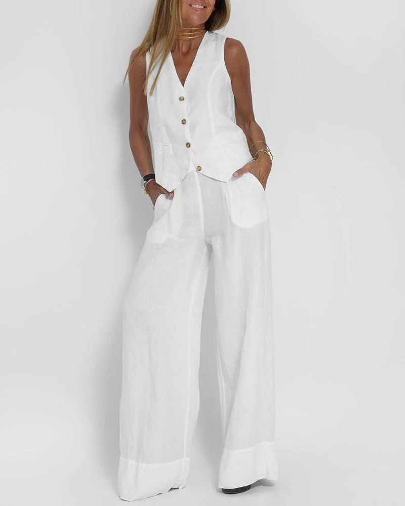 Heidi-Mode | Elegantes 2-Teiliges Set Leinen Weite Hose & Weste - Image 16