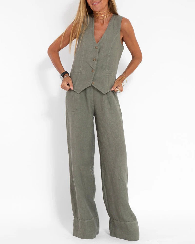 Heidi-Mode | Elegantes 2-Teiliges Set Leinen Weite Hose & Weste - Image 17