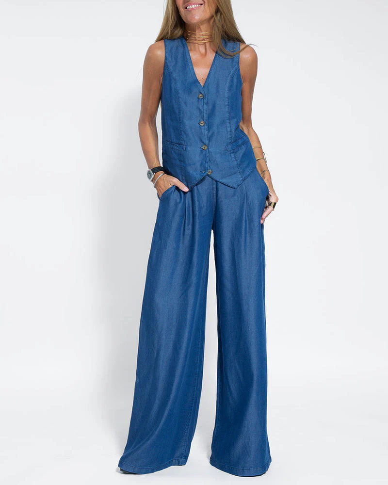 Heidi-Mode | Elegantes 2-Teiliges Set Leinen Weite Hose & Weste - Image 18