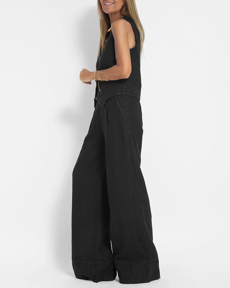 Heidi-Mode | Elegantes 2-Teiliges Set Leinen Weite Hose & Weste - Image 6