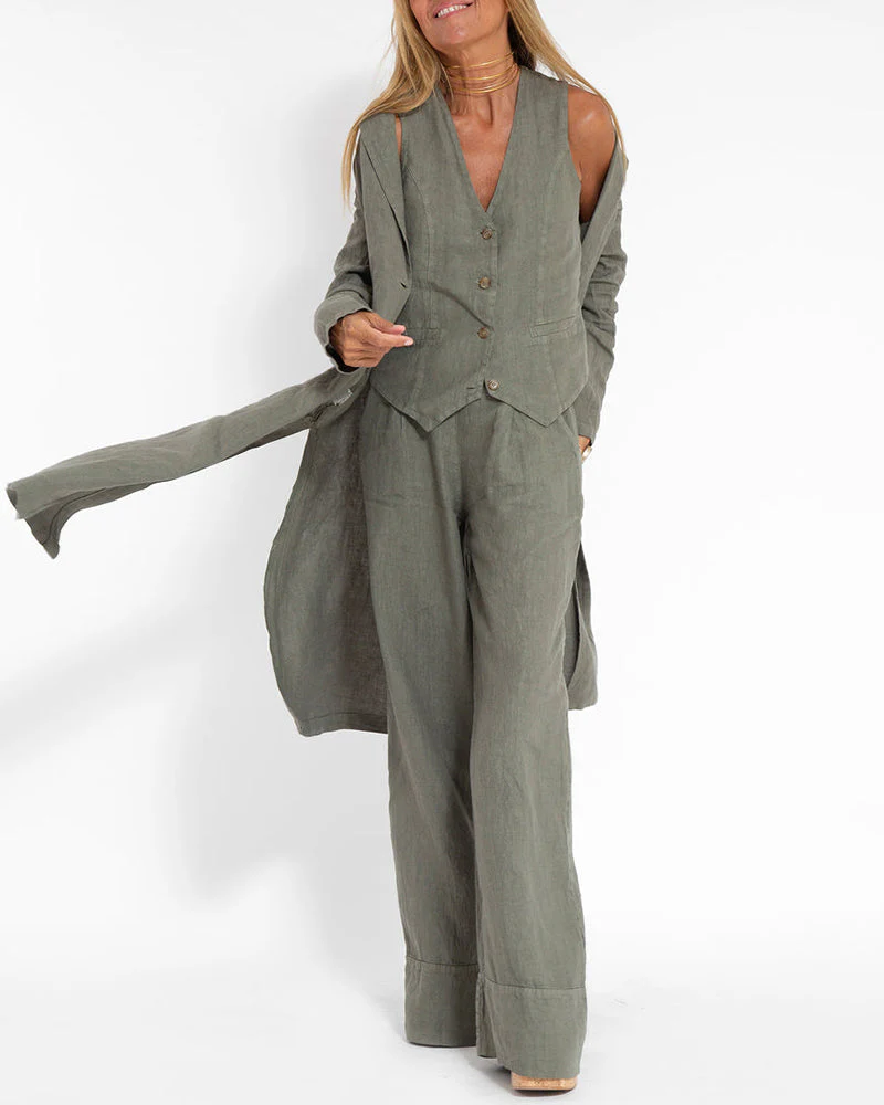 Heidi-Mode | Elegantes 2-Teiliges Set Leinen Weite Hose & Weste - Image 9