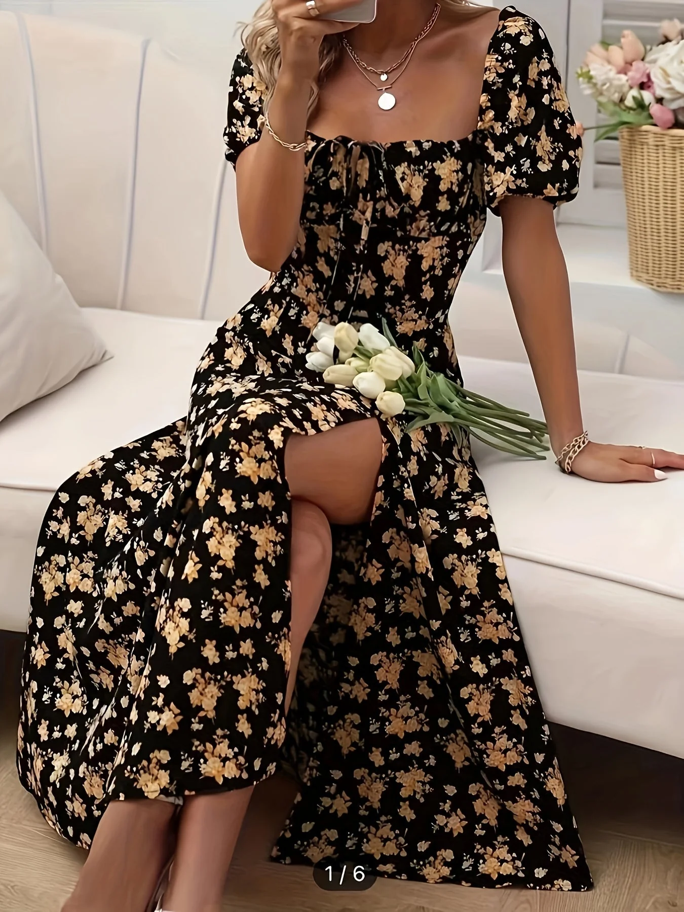 Heidi-Mode | Elegantes Blumenkleid mit Schlitz und Puffärmeln Perfekt für Frühling & Sommer - Image 3