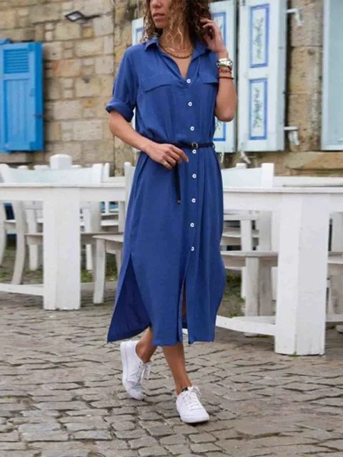 Heidi-Mode | Elegantes Button-Down-Hemdkleid für Damen Langärmliges Hemdblusenkleid Im Bohemian-Stil mit Gürtel - Image 7