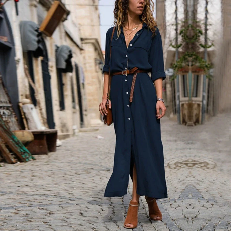 Heidi-Mode | Elegantes Button-Down-Hemdkleid für Damen Langärmliges Hemdblusenkleid Im Bohemian-Stil mit Gürtel - Image 8