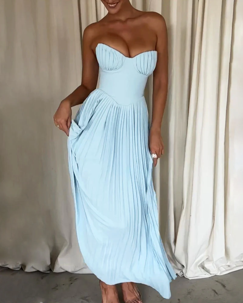 Heidi-Mode | Elegantes Einfarbiges Trägerloses Plissiertes Kleid - Image 2