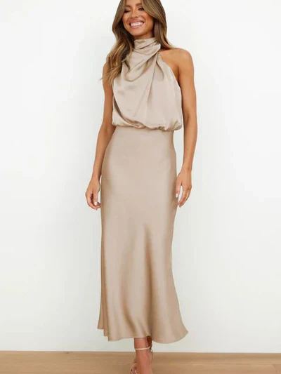 Heidi-Mode | Elegantes Halter Midi Kleid für Damen mit Hohem Hals und Satinlook - Image 2