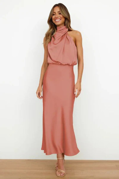 Heidi-Mode | Elegantes Halter Midi Kleid für Damen mit Hohem Hals und Satinlook - Image 4