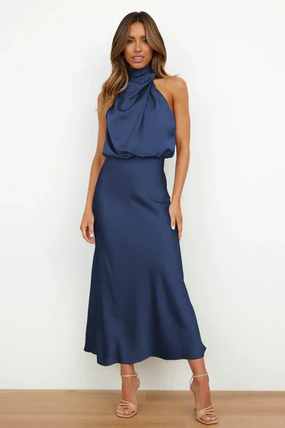 Heidi-Mode | Elegantes Halter Midi Kleid für Damen mit Hohem Hals und Satinlook - Image 5
