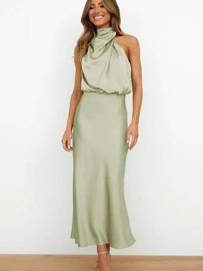 Heidi-Mode | Elegantes Halter Midi Kleid für Damen mit Hohem Hals und Satinlook - Image 7